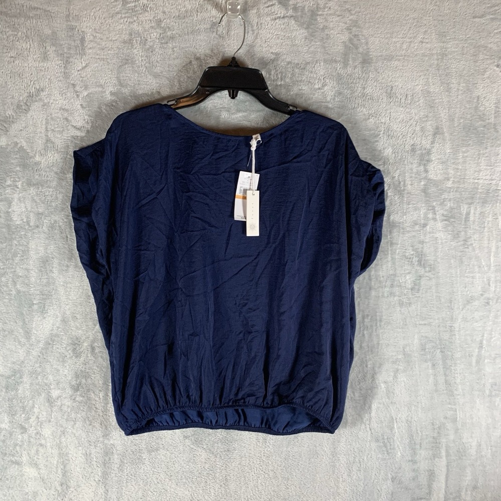 Fever Women's Blouse Top Medieval Blue Scoop Short Sleeve‎ S Elastic Waist NWT